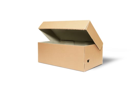 Empty Brown Cardboard box with opened lid isolated on white background. With clipping path.