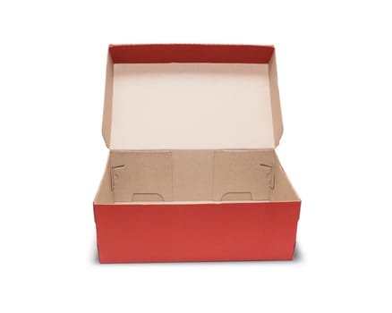 Empty Red Cardboard box with opened lid isolated on white background. With clipping path.