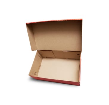 Empty Red Cardboard box with opened lid isolated on white background. With clipping path.
