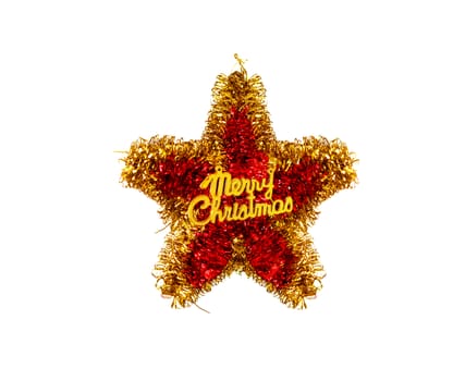 Christmas decoration toy star with Golden tinsel with the Merry Christmas inscription. Isolated on white background