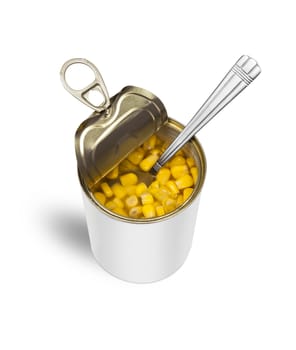 Sweet corn in an open tin can with a spoon. Top view. With clipping path.