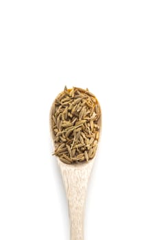 Pile of cumin seeds in wooden spoon isolated on white background
