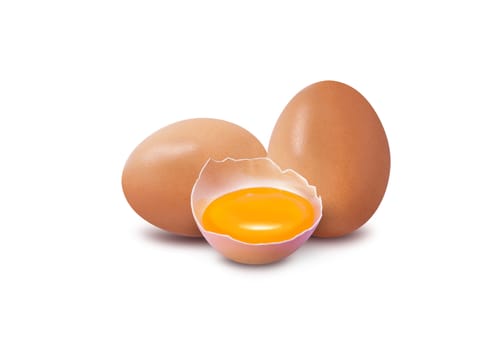 With brown eggs on a white background. One egg is broken. With clipping path