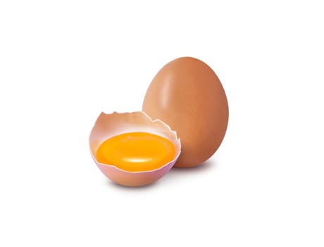 With brown eggs on a white background. One egg is broken. With clipping path