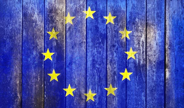 Flag of Europe union painted on grungy wood plank background