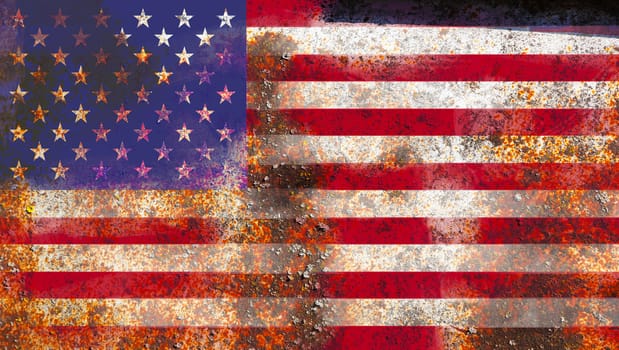 USA flag on rusty metal background texture