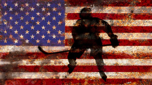 Flag of the USA where the hockey player silhouette on a rusty background.