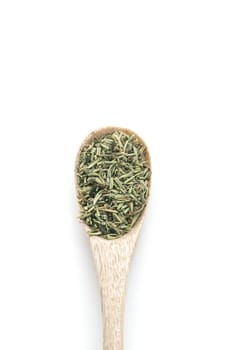 Rosemary dried spices in wooden spoon isolated on white background