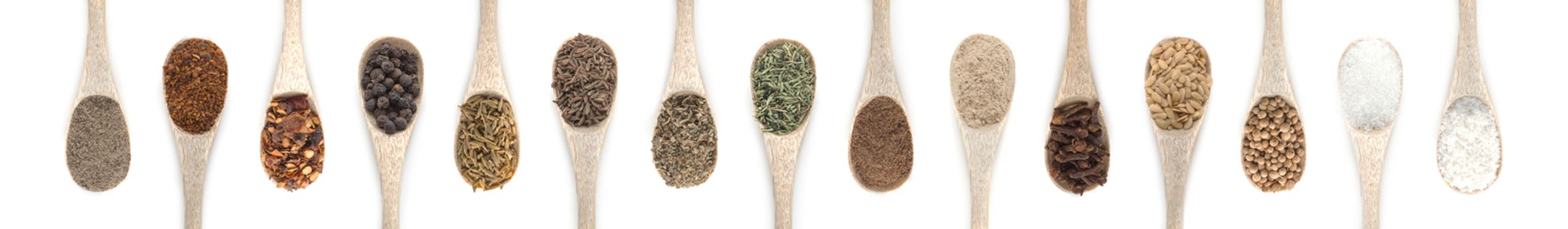 Spices Set in spoons isolated on white background. Top view.