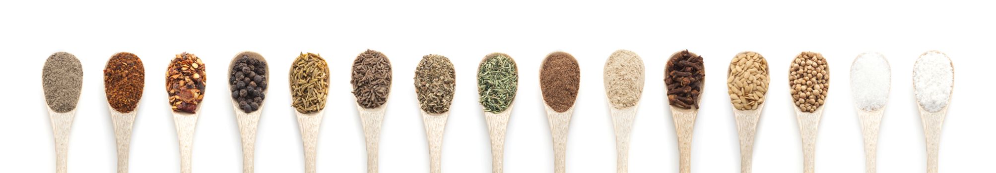 Spices in spoons isolated on white background. Top view.