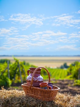 Concept of vine. Traditional Moldova story. Jug in basket of straw on background of the vineyards valley. Sunny day, blue sky