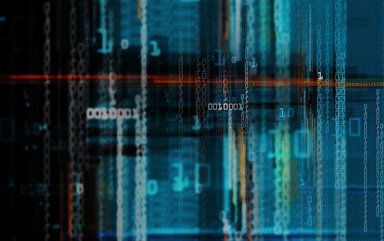 Digital binary data and electronic circuit board. Cyber security concept background.