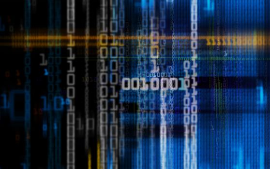 Digital binary data and electronic circuit board. Cyber security concept background.