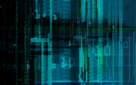 Digital binary data and electronic circuit board. Cyber security concept background.