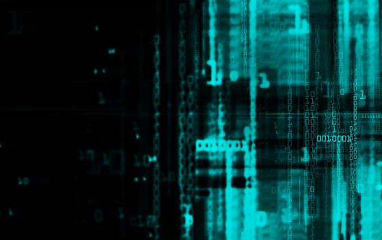 Digital binary data and electronic circuit board. Cyber security concept background.