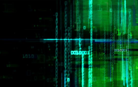 Digital binary data and electronic circuit board. Cyber security concept background.