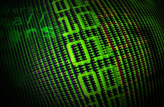 Digital binary data on computer monitor screen. Close-up with small depth resolution