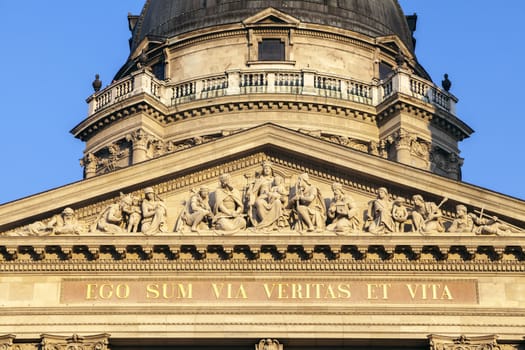 Fronton of St. Stephen's Basilica in Budapest, Hungary. The text on the facade is Latin for -I am the way and the truth and the life-