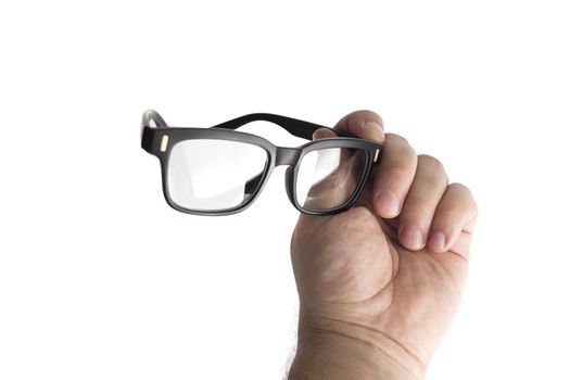 Black Eye Glasses in man's hand Isolated on White background