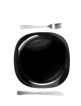 Knife and fork at black plate isolated on white background