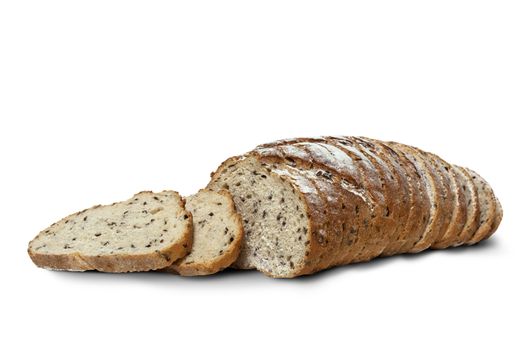 Sliced rye bread with linseed isolated on white background. With clipping path