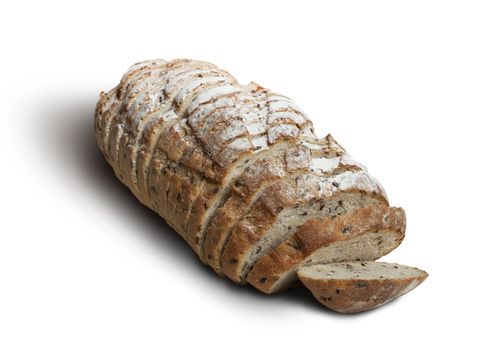 Sliced rye bread with linseed isolated on white background. With clipping path