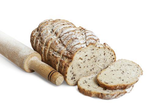 Sliced rye bread with linseed isolated on white background. With clipping path