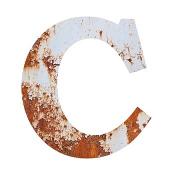 Old rusty metal alphabet, text C. Isolated over the white background