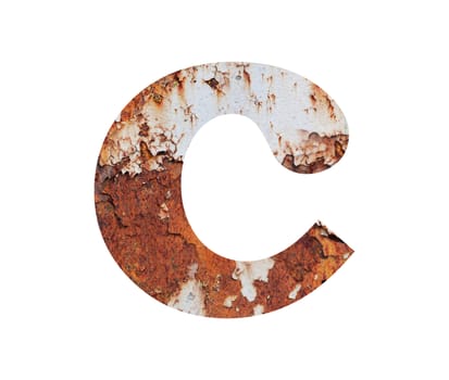 Old rusty metal alphabet, text c, isolated over the white background