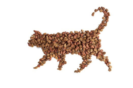 Food for cats in cat contour isolated on white