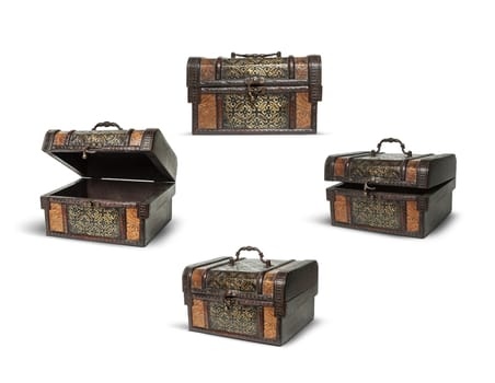 Set vintage wooden chest on white background.