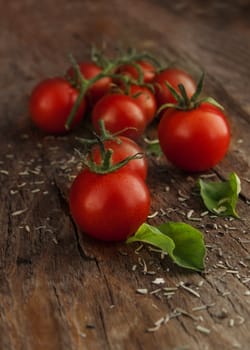 Cherry tomatoes on a wooden surface with natural light