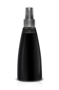 Black plastic bottle spray for hair on a white background. With clipping path