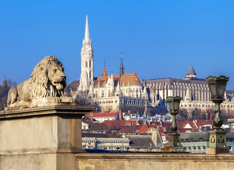 View of Matthias Church and Fisherman's Bastion in Budapest from Chain bridge