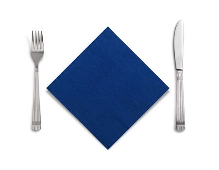 Fork and knife in a blue cloth isolated on white background