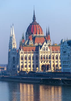 Parliament in Budapest, Hungary, reflecting in the river Danube