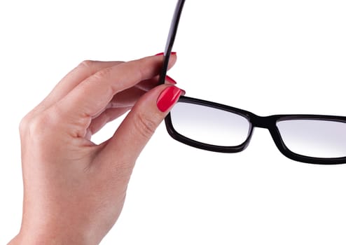 Black Eye Glasses in women's hand Isolated on White background