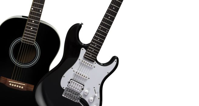 Black acoustic and electric guitars on a white background.