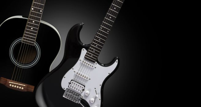 Black acoustic and electric guitars on a black background.