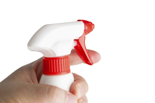 Hand holding white plastic spray bottle. Isolated on a white background. With clipping path.