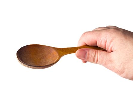 Man hand with wooden spoon isolated on white background