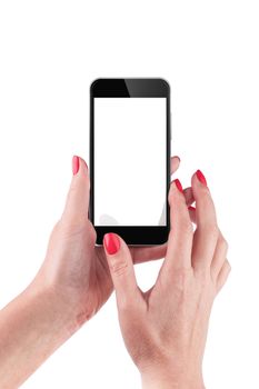 Female Hand holding and Touching a Smartphone isolated on white background. With clipping path