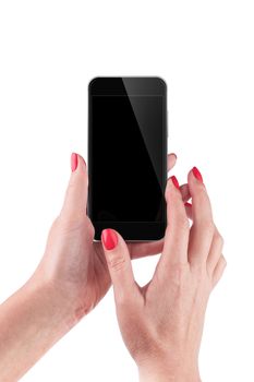 Female Hand holding and Touching a Smartphone isolated on white background. With clipping path