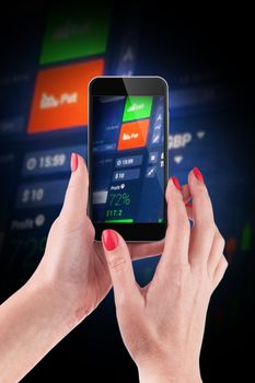 Female hand holding and touch a smartphone, photographing a Stock market data in blue on LED display