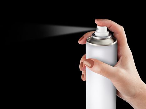 White spray can isolated on black background on woman hand, Aerosol Spray Can, Metal Bottle Paint Can Realistic photo image. With clipping path