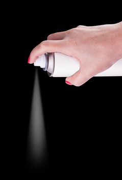 White spray can isolated on black background on woman hand, Aerosol Spray Can, Metal Bottle Paint Can Realistic photo image