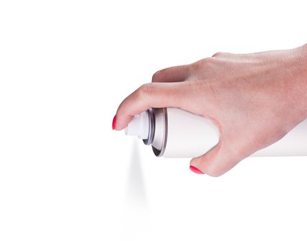 White spray can isolated on white background on woman hand, Aerosol Spray Can, Metal Bottle Paint Can Realistic photo image