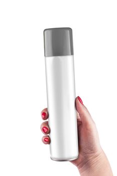 Aluminum spray can with plastic cap on hand with white background, isolated spray can on hand. With clipping path