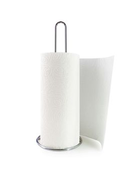 Ktchen paper towels on holder. Isolated on white background. With clipping path