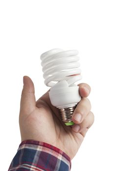 Energy saving lamp in the man's hand on white background closeup